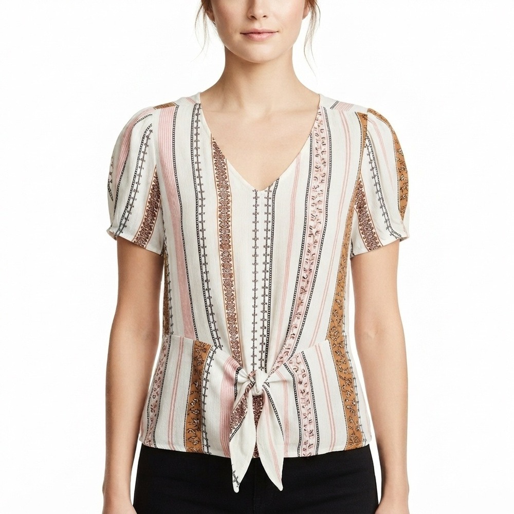 Maurices Blouse Womens Smallā Boho Floral Striped Tie Front V-Neck Puff Sleeve
